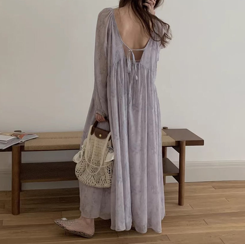 期間限定⭐️60%OFF【ワンピース】春夏 フレンチ 花柄 リゾート風 ルーズ バブルスリーブ 長袖ワンピース【SHシリーズ】