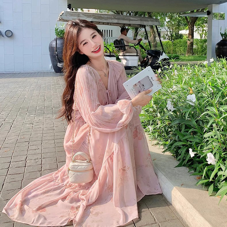 【ワンピース】フレンチ風Vネックワンピース レディース 長袖 ロング丈 上品 きれいめ【SHシリーズ】