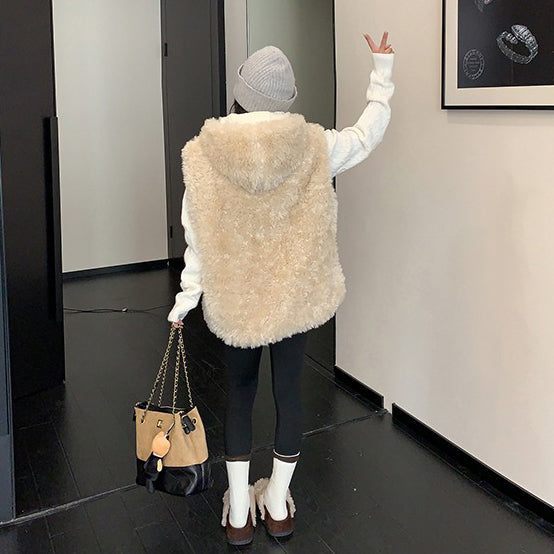 【トップス】柔らかボア×厚手フードベスト レディース レトロデザイン あったか防寒【FCシリーズ】