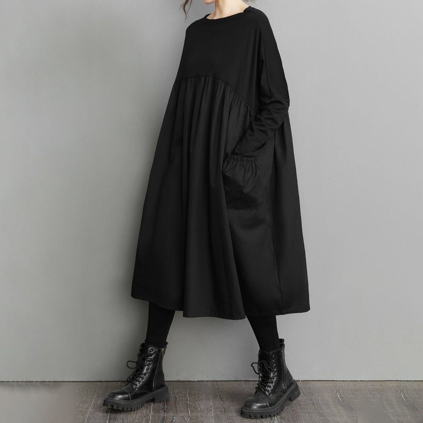 60%OFF⭐️期間限定【ワンピース】大きいサイズ ウエスト切替 ベビードール風 ブラック 着痩せ ゆったり 長袖ワンピース【AHシリーズ】