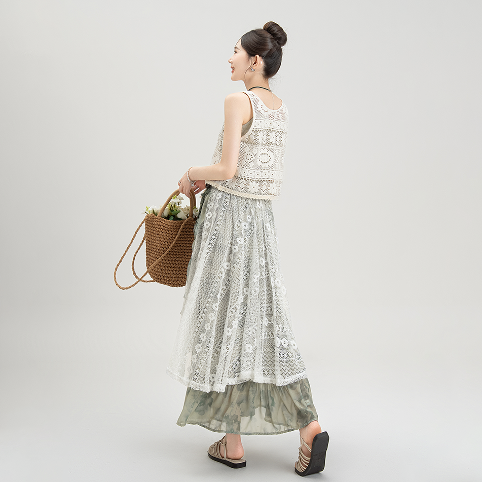 3点セット【セットアップ】森系ボヘミアンキャミソール+レイヤード風ベスト+花柄切り替えロングスカート3点上下セット 【SHシリーズ】