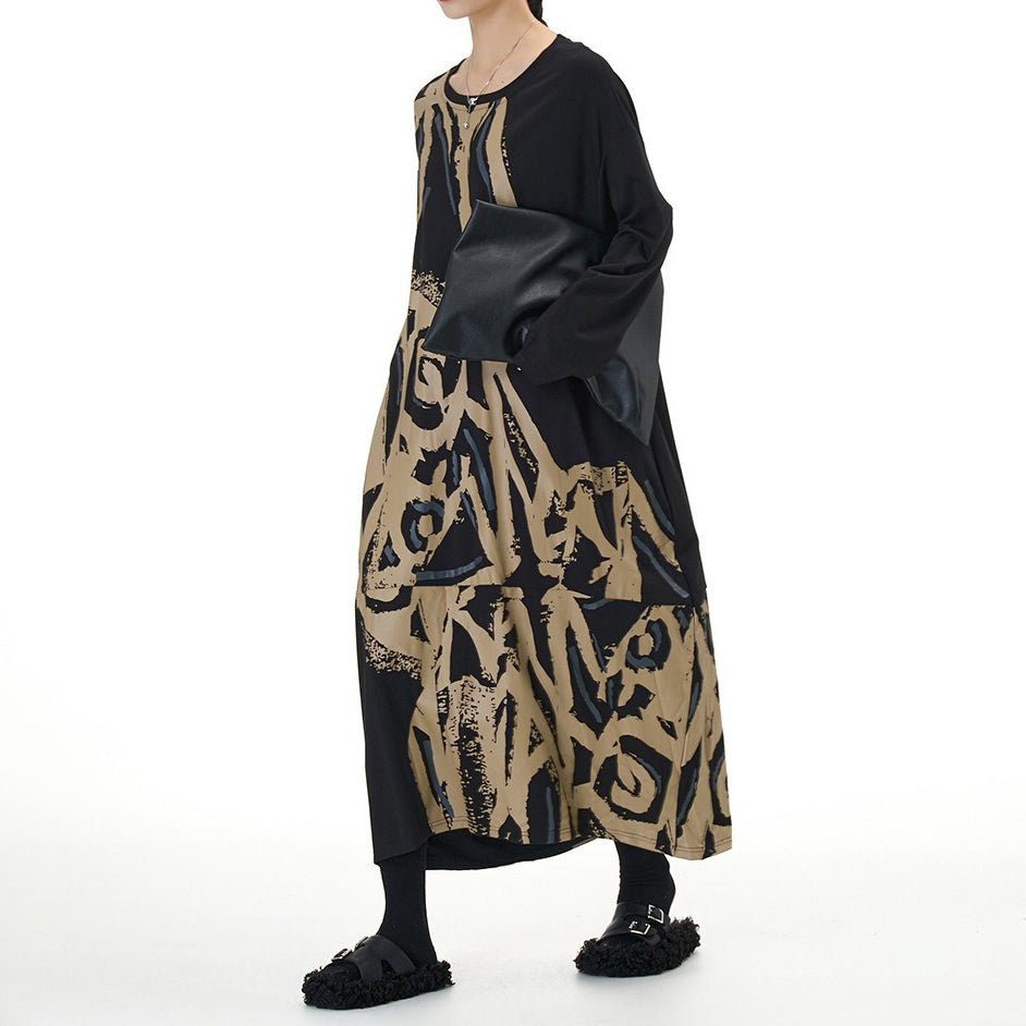 【ワンピース】ファッション 切替デザイン 長袖 プリントワンピース 春新作 大きいサイズ レディース ゆったり 体型カバー Aラインワンピース【SHシリーズ】