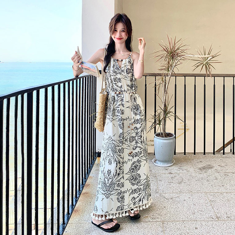 【ワンピース】ヴィンテージ水墨プリント フリンジパッチワーク リゾート風 ノースリーブワンピース【SHシリーズ】