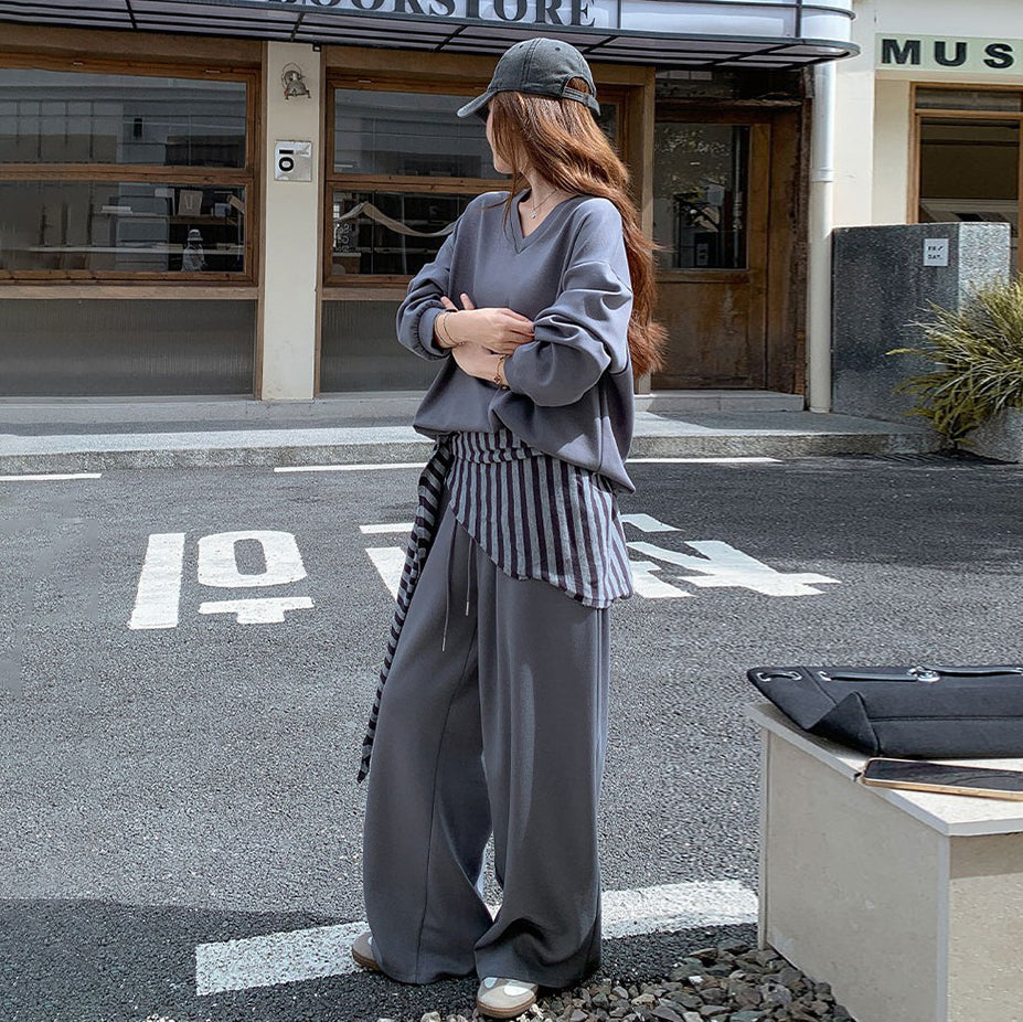 2点セット+ショール付き!【セットアップ】レトロゆるカジュアル風 レディース 春秋新作 韓国風 リラックス感 スウェット +ワイドパンツ 上下セット【JZシリーズ】