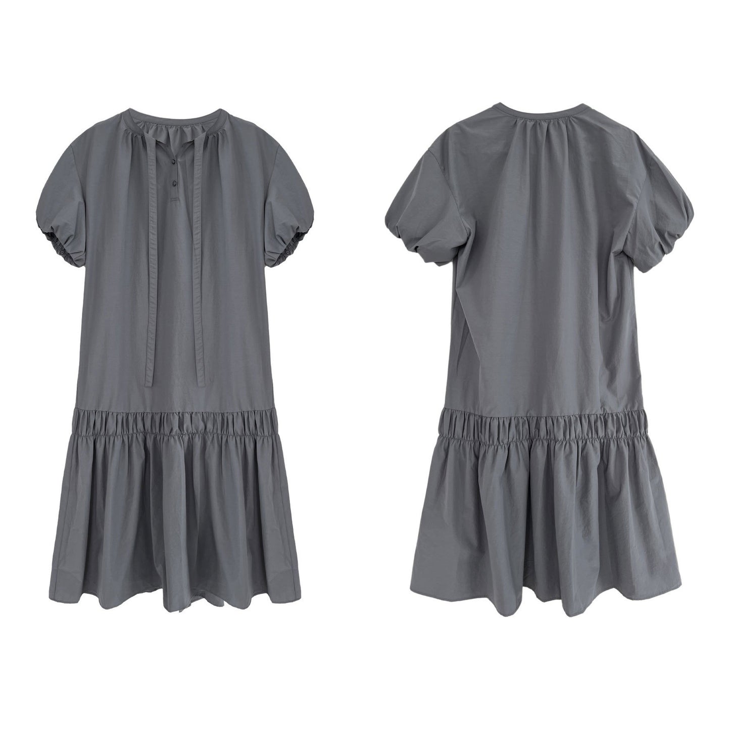 【ワンピース】韓国風 リボン付き パフスリーブ バルーンシルエット ロングワンピース 夏 着痩せ効果 半袖ドレス【JZシリーズ】