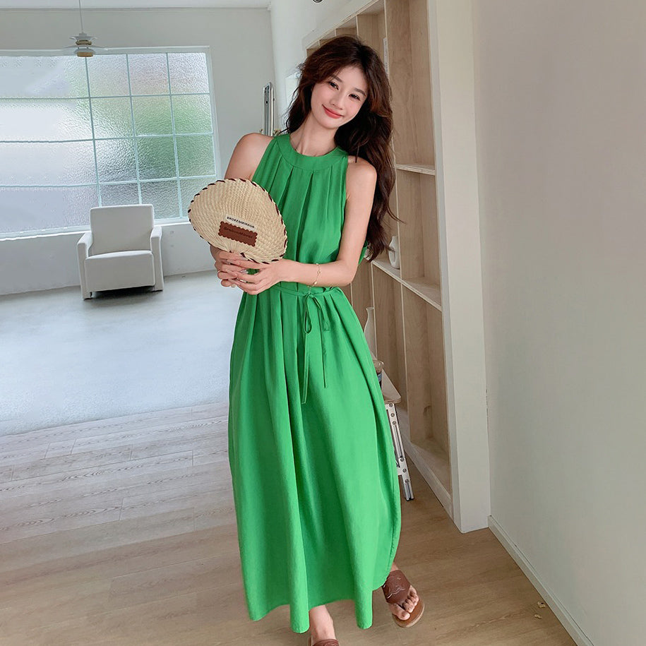 【ワンピース】夏 バカンス森系 細見え気質 ノースリーブオフショルダーワンピース【JZシリーズ】