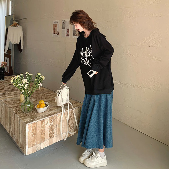 【ワンピース】レイヤード風 デニム切り替え 春秋 長袖ワンピース 爆売れ【JZシリーズ】