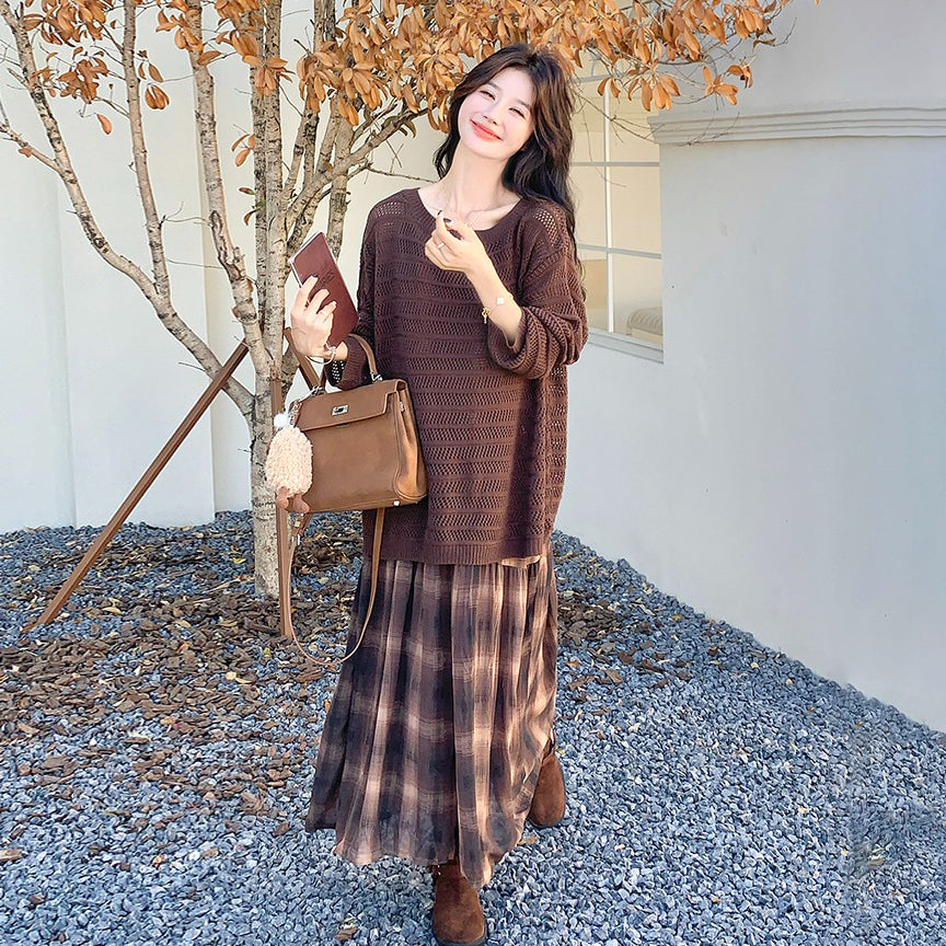 2点セット!【セットアップ】マラード風ゆる感ニット透かし編みカーディガン×チェック柄ノースリーブワンピースセット【SHシリーズ】