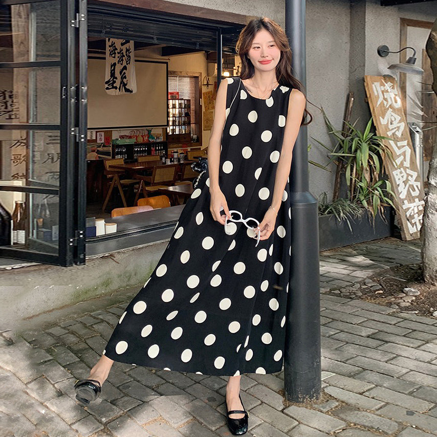 【ワンピース】韓国風 レトロ ドット柄 ノースリーブ ワンピース 夏 カジュアル 着痩せ 上品 ロング丈【SHシリーズ】