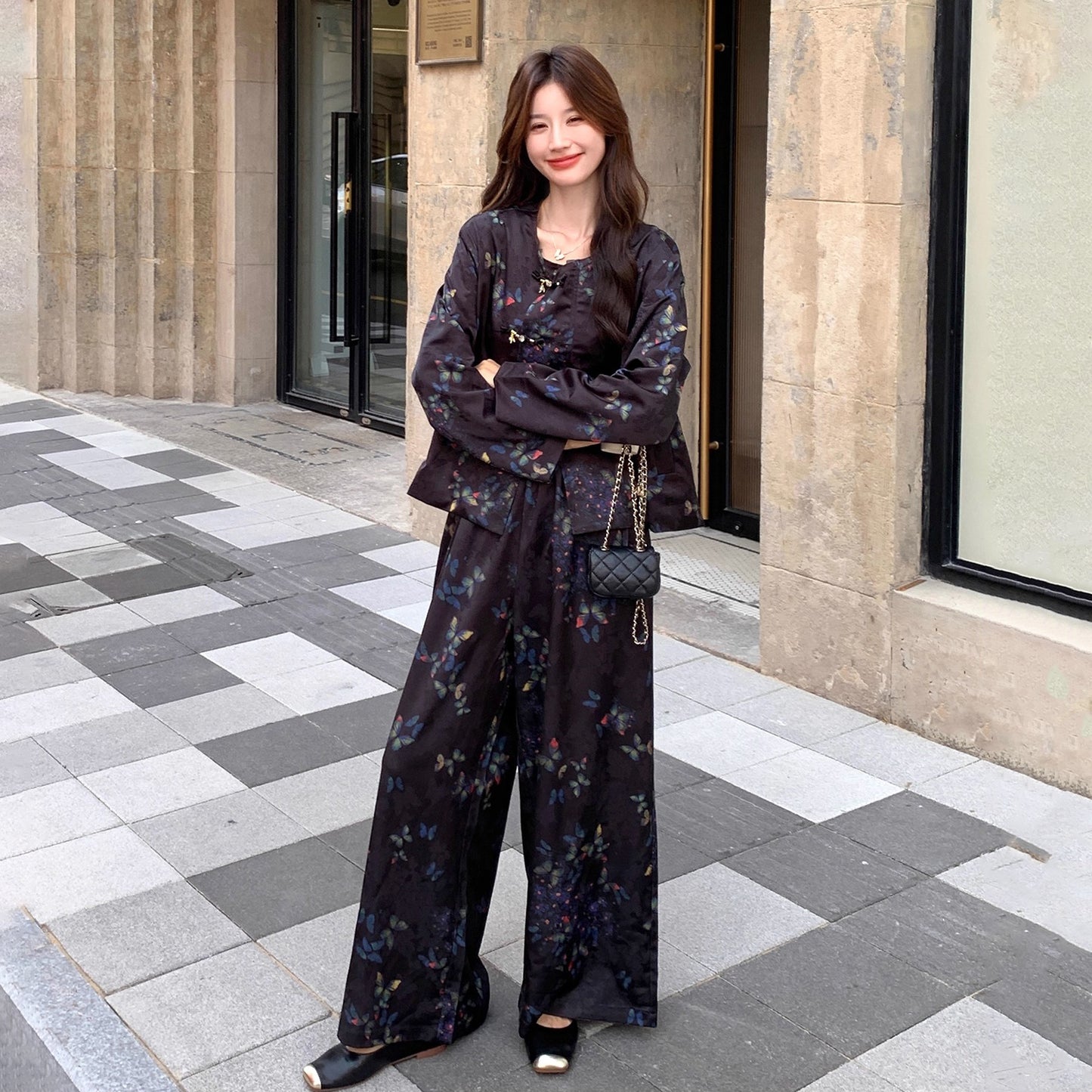 2点セット!【セットアップ】レトロ 中国風セット レディース 2025秋新作 チャイナボタン トップス+ワイドパンツ 上下セット【SHシリーズ】