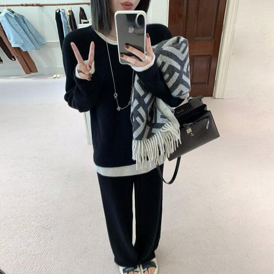 【セットアップ】カジュアル 秋冬 フェイクツーピース トップス + ゆったり パンツ 2点上下セット