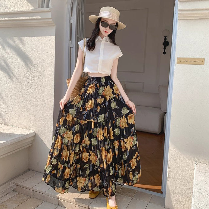 【ボトムス】切り替え 軽やか プリーツ フレア Aライン ハイウエスト シフォンスカート【SHシリーズ】