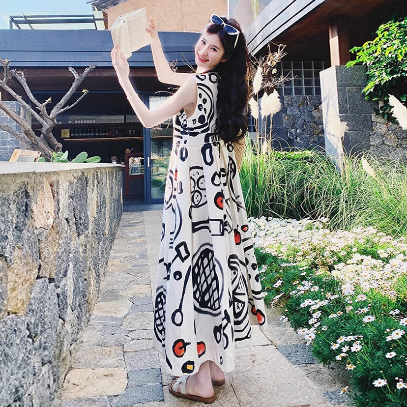 【ワンピース】デザイン感ある フレアノースリーブワンピース 夏新作 リゾート風ワンピース【SHシリーズ】