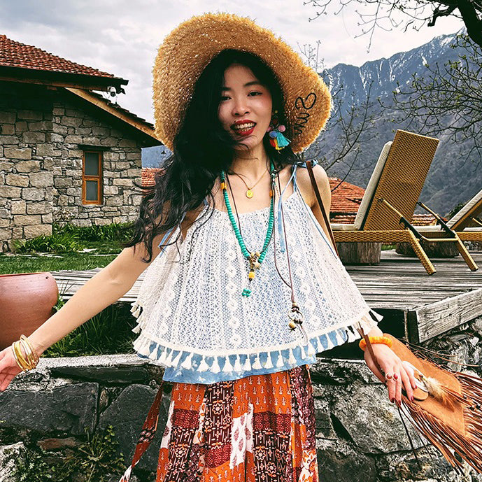 【単品注文】【セットアップ】夏新作 民族風タンクトップ+花柄ハイウエストスリットワイドパンツ 上下セット【SHシリーズ】