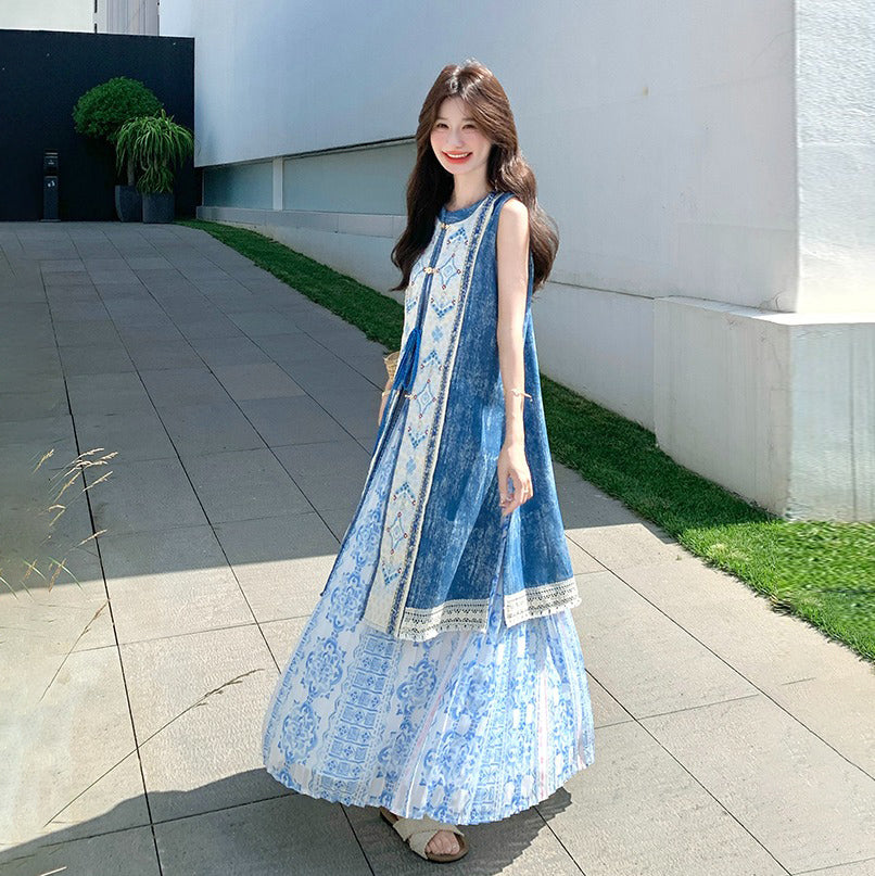 2点セット!【セットアップ】夏 ボヘミアン民族風プリント ベストワンピース+スカート 2点セット【SHシリーズ】