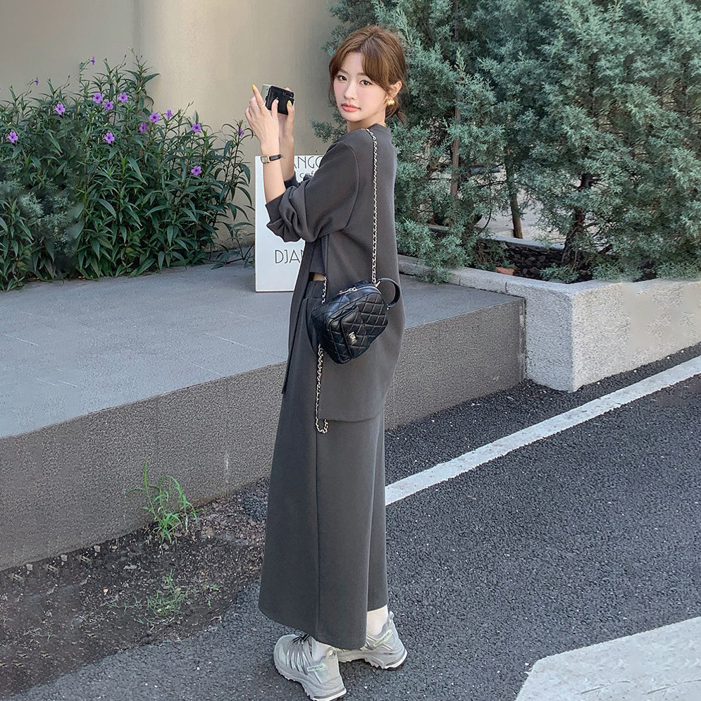 2点セット!【セットアップ】韓国風 学院スタイル アシンメトリースウェット ロングスカートレディース 上下セット【JZシリーズ】