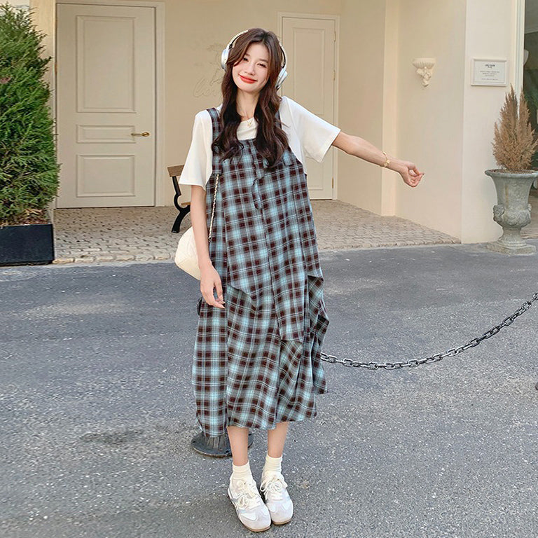 【ワンピース】日系 ナチュラル風 フェイクレイヤード 半袖 ワンピース レディース 夏 体型カバー スリム見え デザイン性【SHシリーズ】