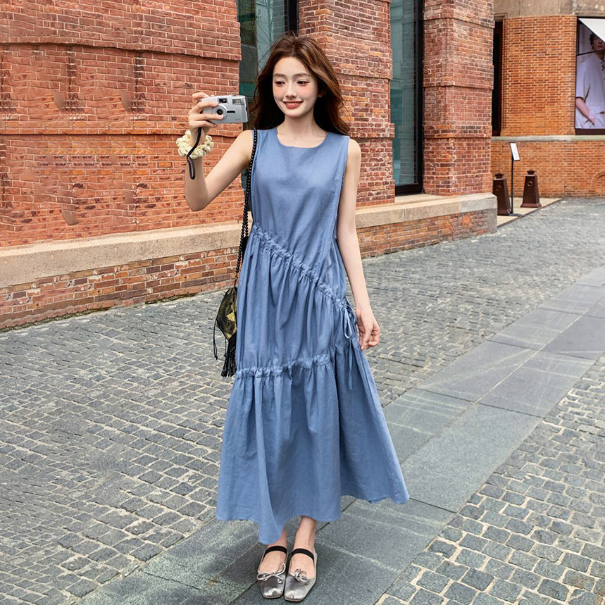 【ワンピース】夏新作 フレンチ気質 ギャザー&リボンデザイン ノースリーブワンピース【SHシリーズ】