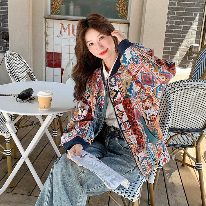 【アウター】超可愛い エスニック柄おしゃれスタジャン レディース 春秋 人気 韓国風ジャケット【SHシリーズ】