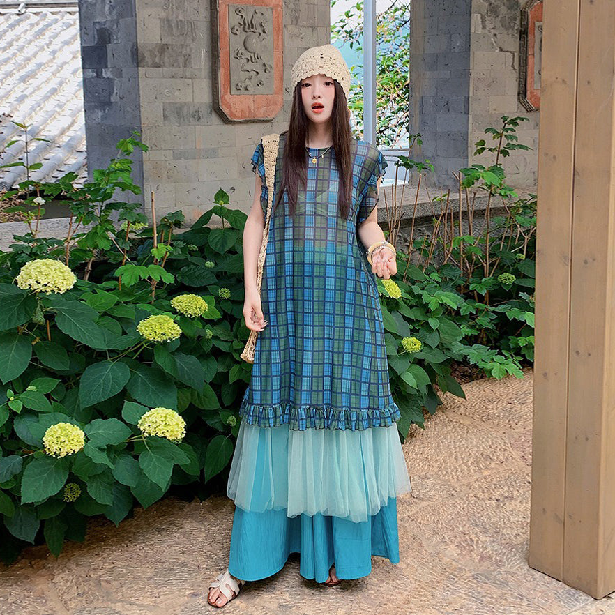 2点セット!【セットアップ】配色チェック柄ベストワンピース+ワイドパンツセットアップ 2点セット【SHシリーズ】