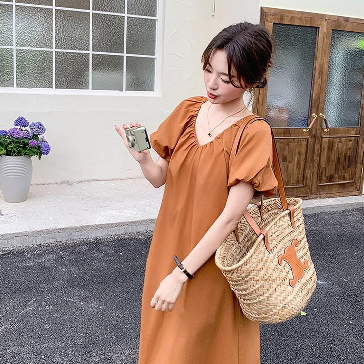 【ワンピース】フレンチ風半袖 ワンピース レディース Vネック 花びら袖 Aライン 夏 ゆったり 体型カバー【JZシリーズ】