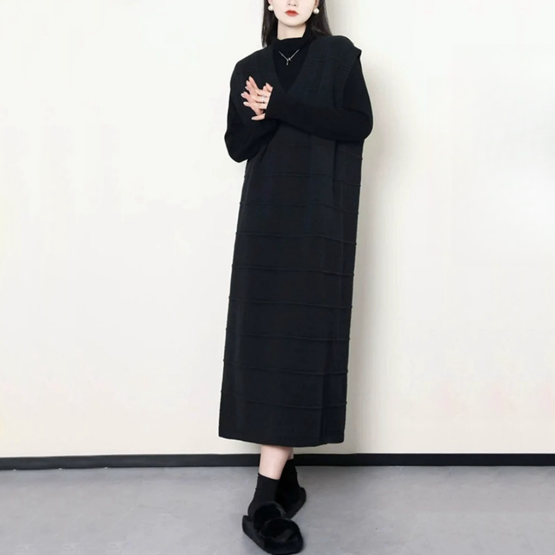 【ワンピース】春秋冬 Vネック ゆるリラックス ノースリーブ ワンピース