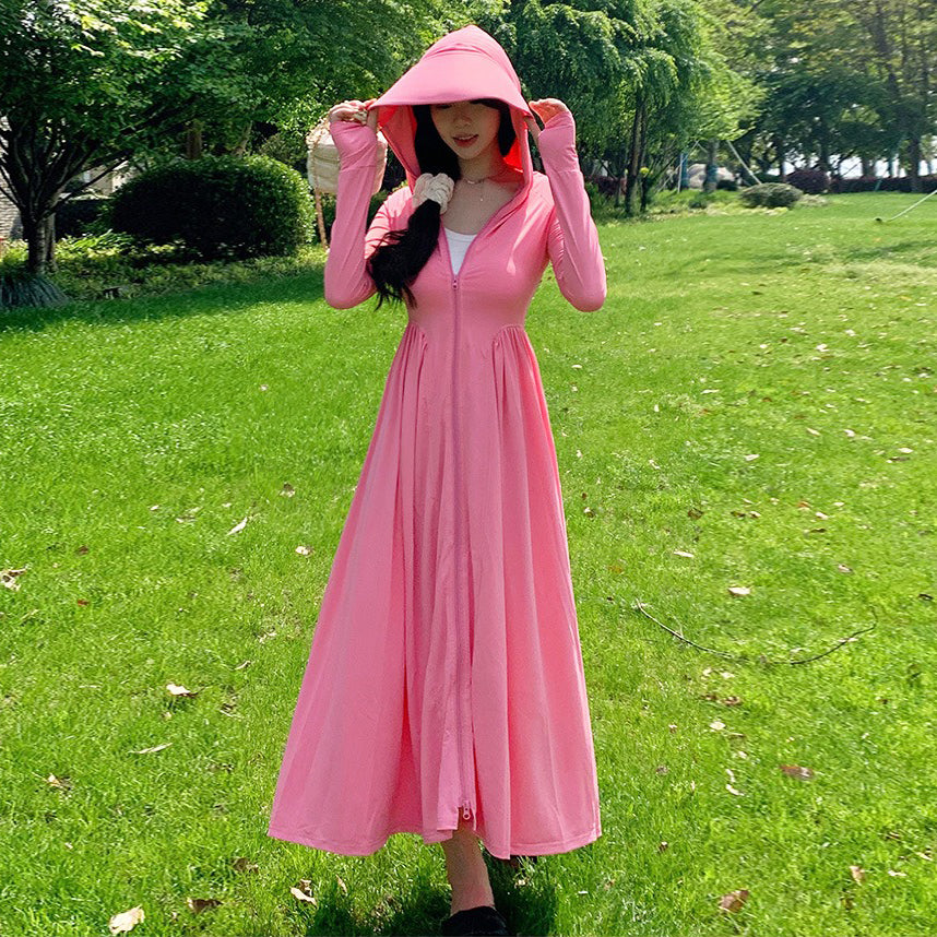 【アウター】春秋夏 UVカット アイスシルク 日焼け止め ロングワンピース UVパーカー