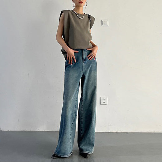 【トップス】夏 韓国風 ルーズ ノースリーブニ 肩パッド入り Tシャツ 【FCシリーズ】