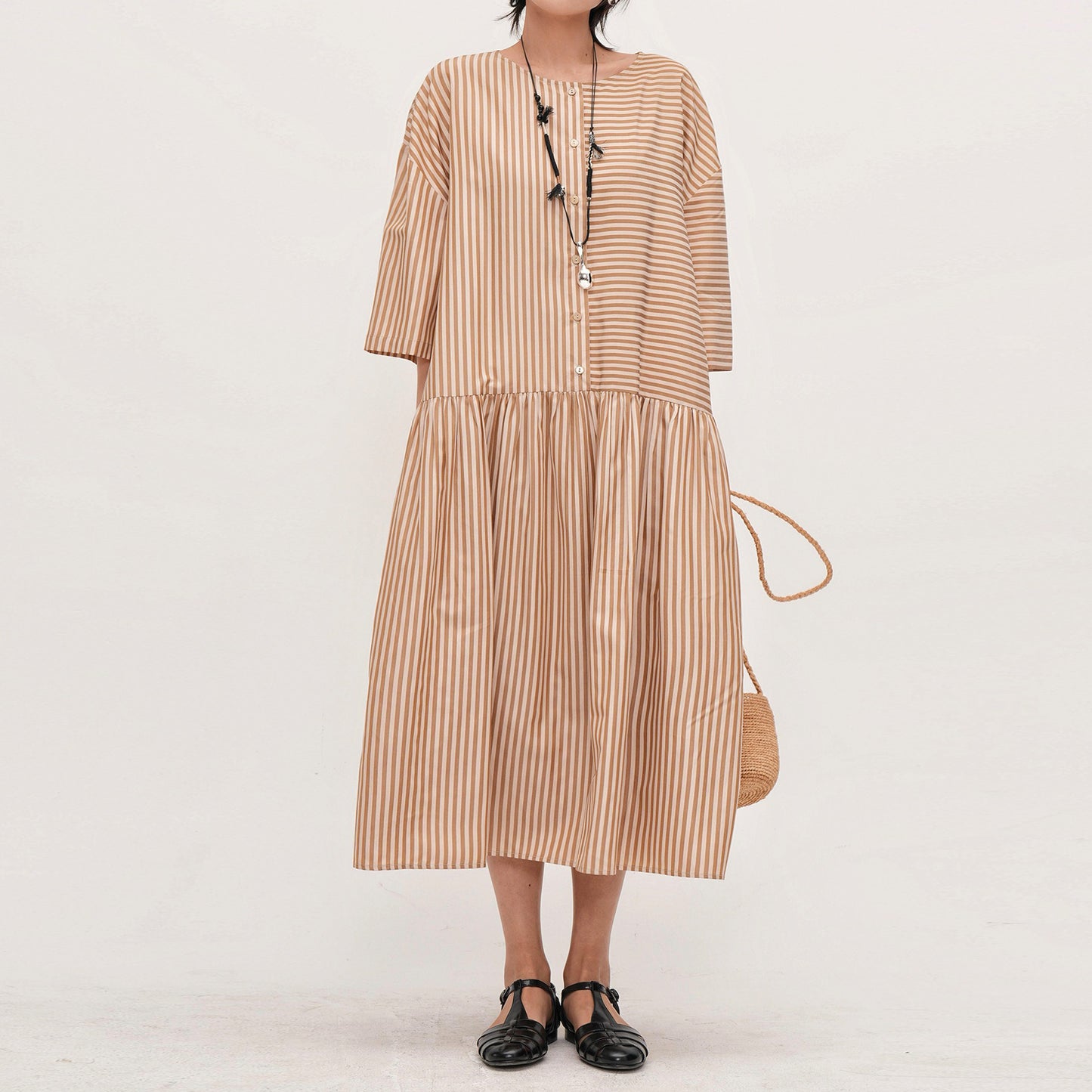 【ワンピース】夏新作 ストライプ切り替え ラウンドネックワンピース 七分袖 ゆったり着痩せロングドレス【JZシリーズ】【SHシリーズ】