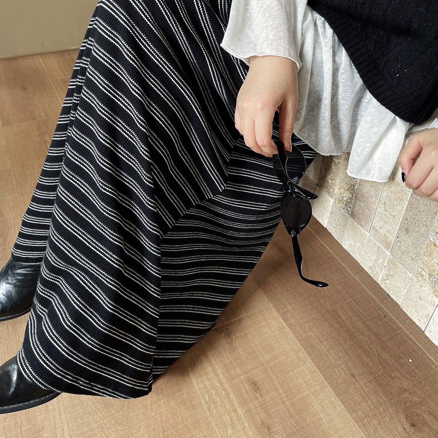 【ボトムス】レトロ ストライプ ニットスカート 初秋新作 ハイウエスト スリム見え Aラインスカート【SHシリーズ】