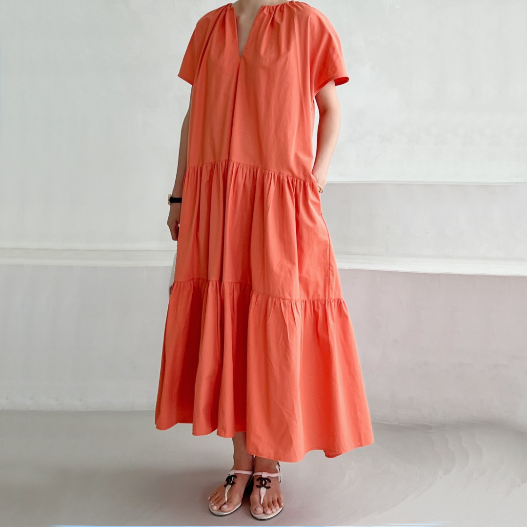 【ワンピース】夏 ゆるリラックス ラウンドネック 切り替え フリルギャザー 大振裾 ワンピース