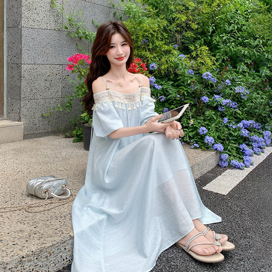 【ワンピース】ロマンチックバカンス風 ゆったりオフショルダー フリンジ ノースリーブワンピース