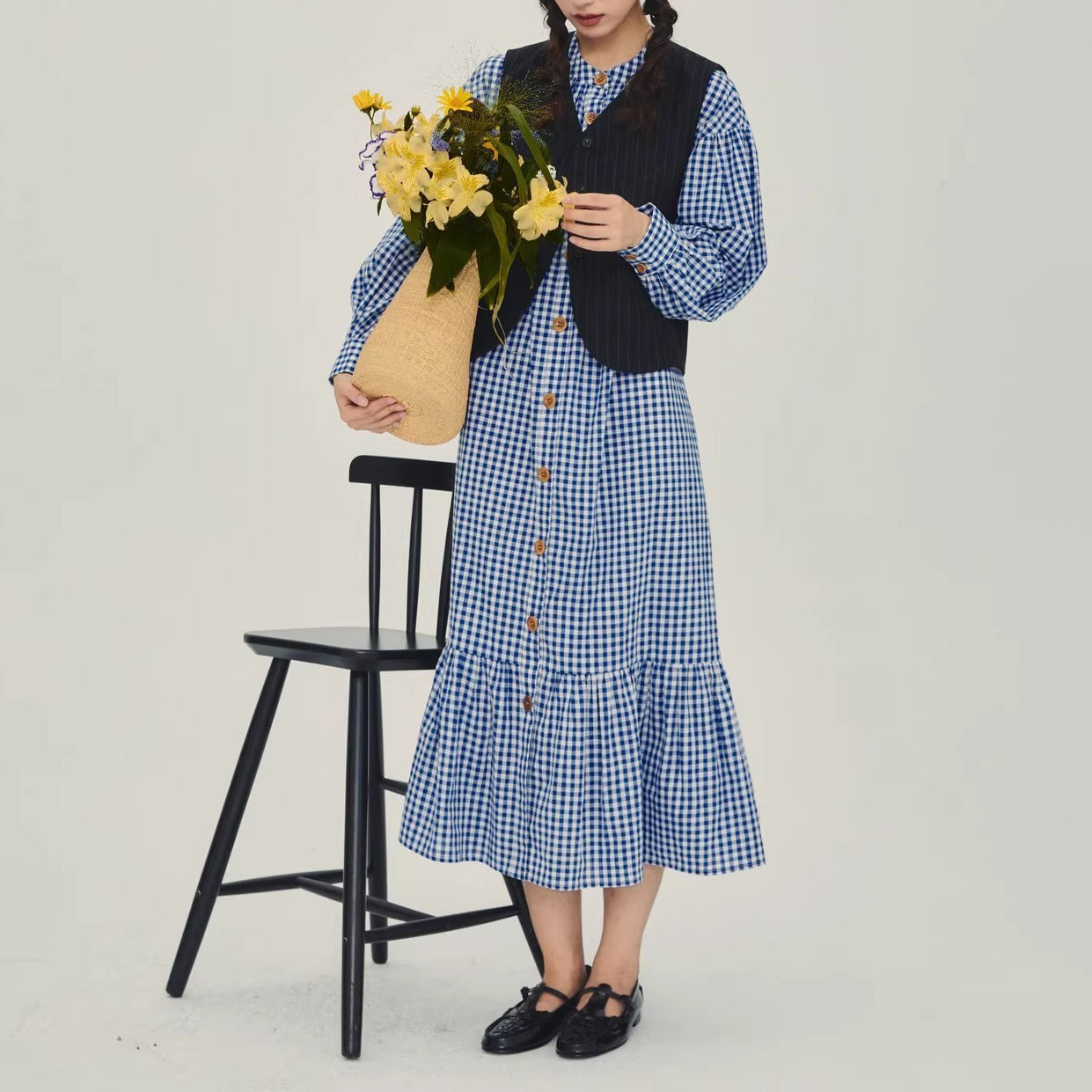 【ワンピース】春秋 ラウンドネック プリーツ チェック柄 長袖ワンピース