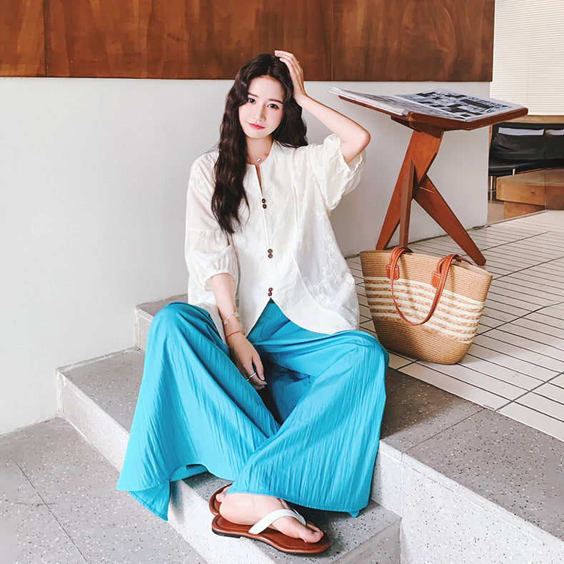 2点セット!【セットアップ】ヴィンテージ新中華風 刺繍スリットシャツ+ワイドパンツ 上下セット【JZシリーズ】