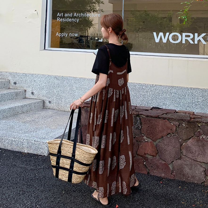 【ワンピース】韓国風ファッション カフェブラウン小花柄 ノースリーブキャミワンピース【SHシリーズ】
