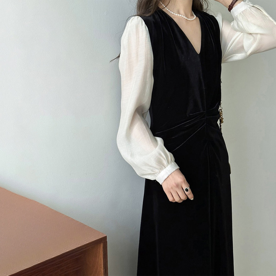 【ワンピース】春秋 気質よい Vネック ビロード生地 切り替えし長袖ワンピース【JZシリーズ】