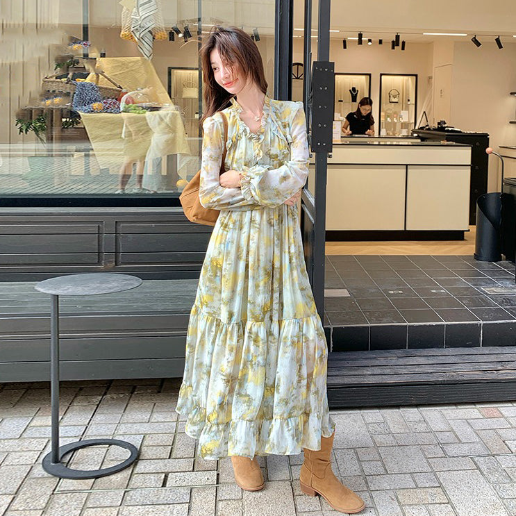 【ワンピース】フレンチ若見え フリル 花柄長袖ワンピース レディース 春秋 個性的で可愛い 大人気 超おしゃれ【SHシリーズ】