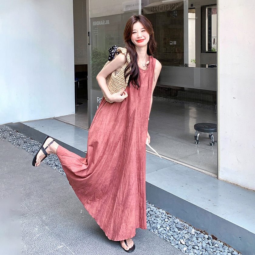 【ワンピース】フレンチ風 ノースリーブピンクワンピース 夏 細見えエレガント ロングドレス【JZシリーズ】