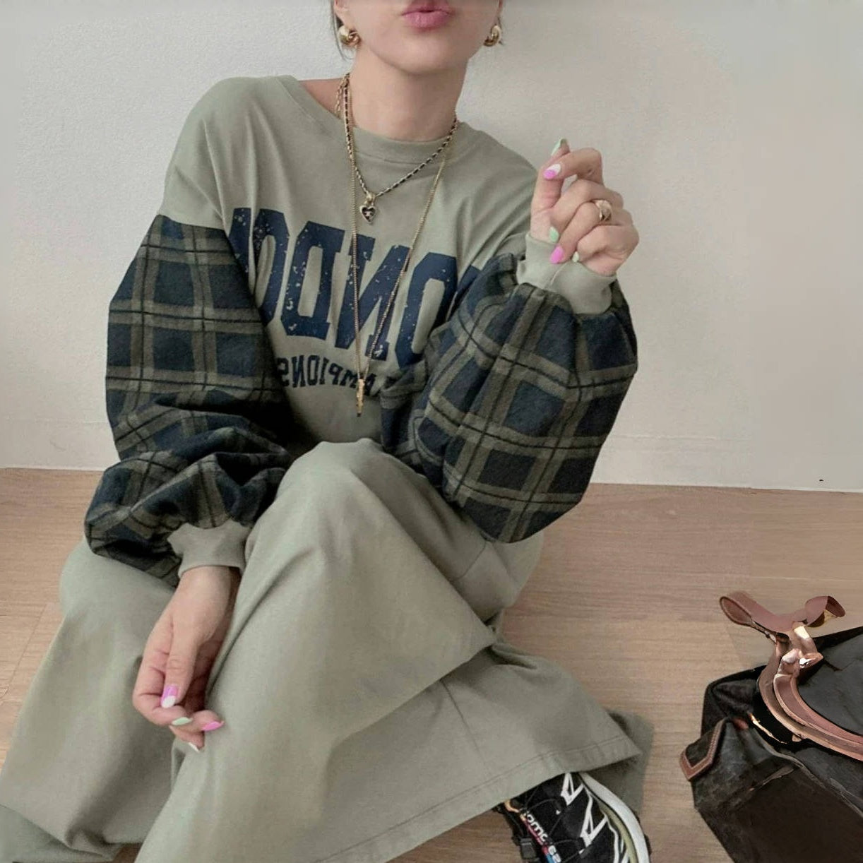 【ワンピース】春秋冬 ゆるリラックス 切り替え アルファベット チェック柄 長袖 ワンピース【FCシリーズ】