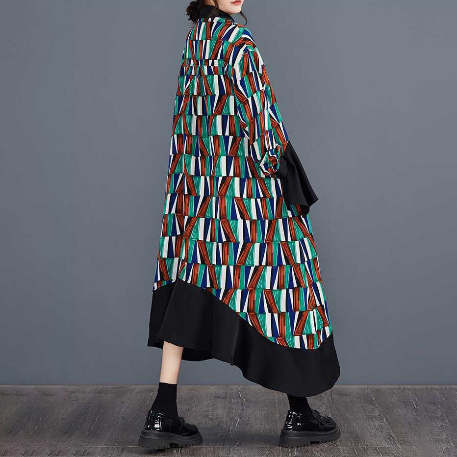 【ワンピース】大きいサイズ プリント 切替 長袖 シャツワンピース 春秋 体型カバー【SHシリーズ】