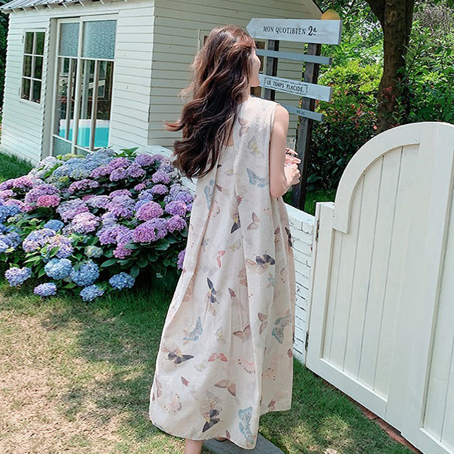 【ワンピース】蝶柄 花柄ノースリーブワンピース レディース 夏 ゆったり リゾート風 バックレス エレガントロングドレス【SHシリーズ】