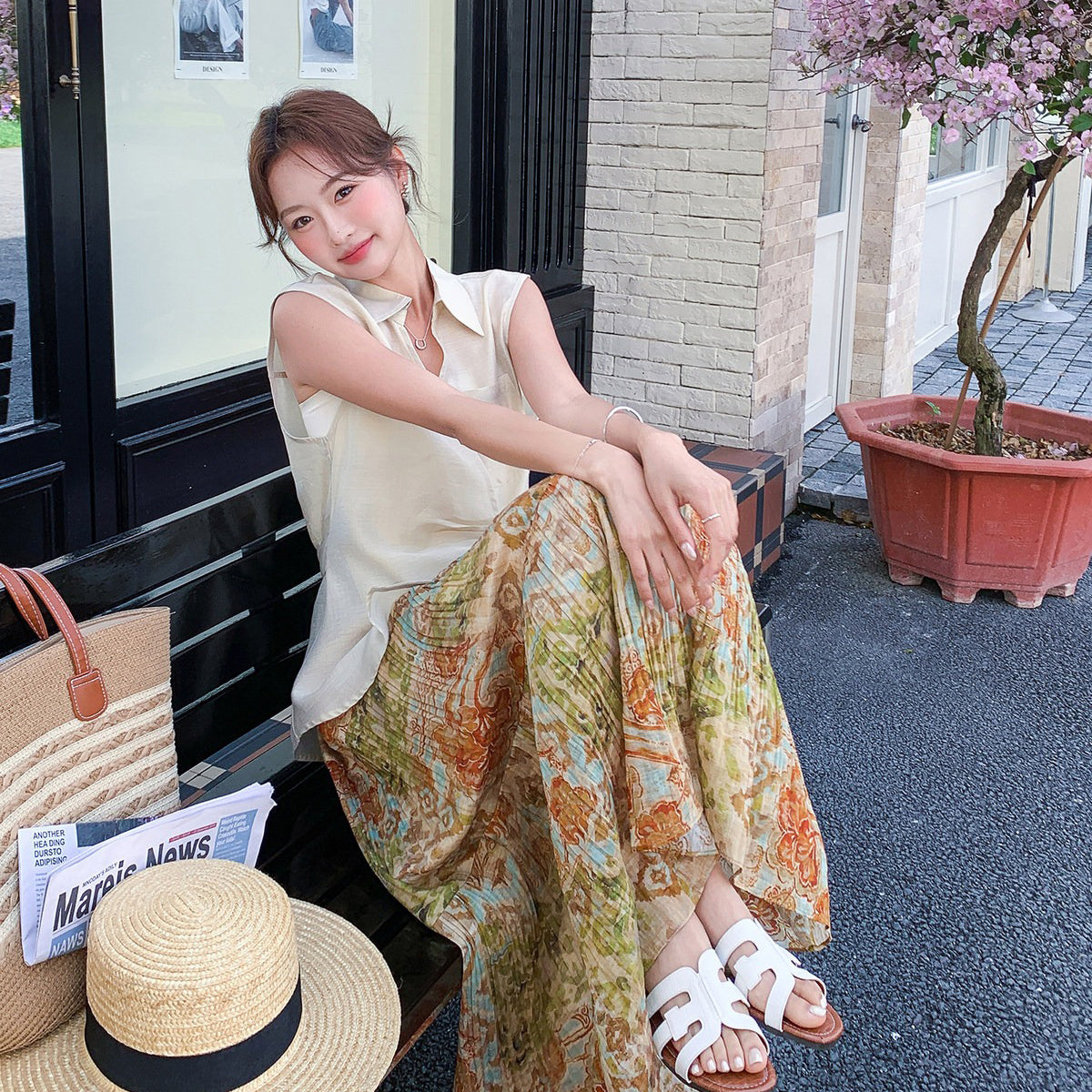 2点セット!【セットアップ】フレンチ風 ウエストマーク ブラウス+花柄スカート 上下セット レディース 夏 フェミニン 上品 大人可愛い【SHシリーズ】