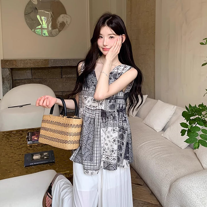 2点セット!【セットアップ】ボヘミアン柄セットアップ レディース 夏 ノースリーブシフォン+ワイドパンツ 上下セット【SHシリーズ】