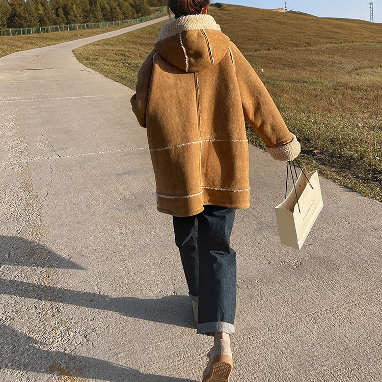 【アウター】秋冬 防寒 極暖 ファー一体型 切り替え 配色 綿入れコート