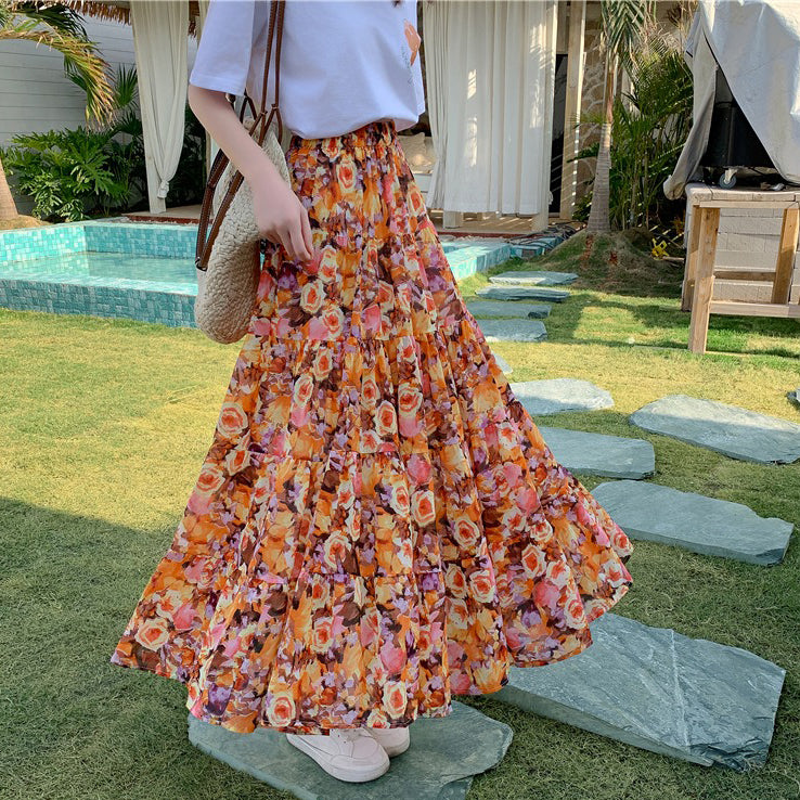 【ボトムス】花柄シフォンティアードスカート 夏 ハイウエスト Aライン 体型カバー リゾート・旅行におすすめ【SHシリーズ】