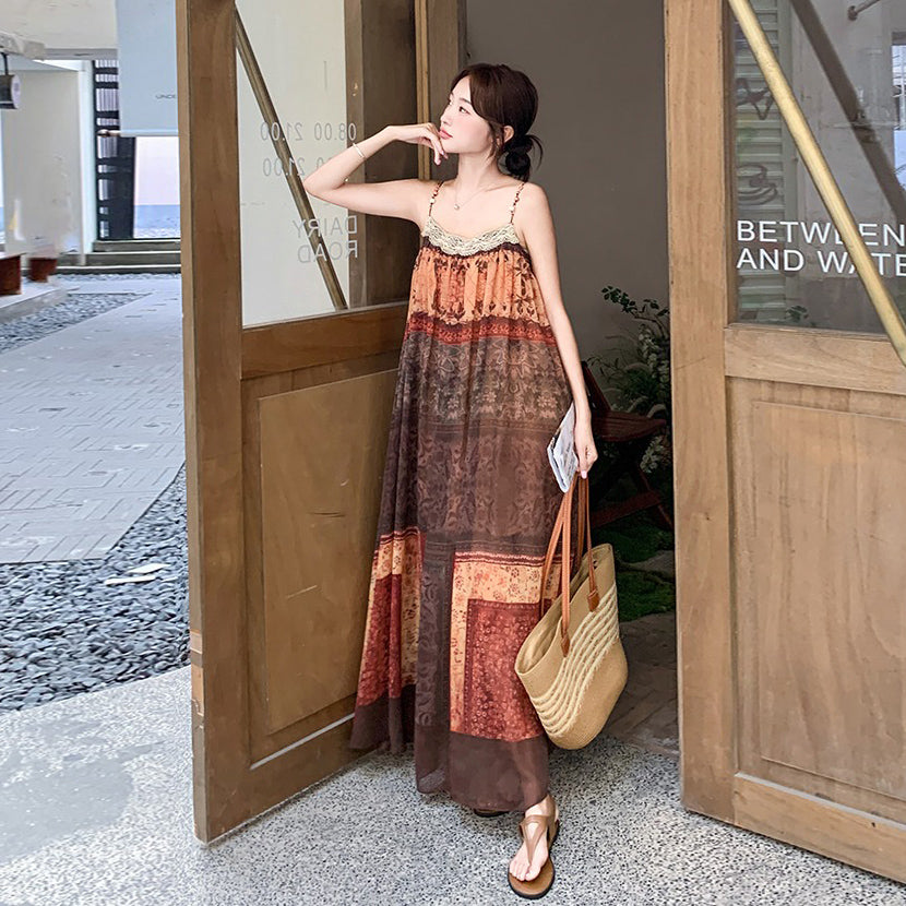 【ワンピース】フレンチ民族風 リゾート 色分けプリント ノースリーブキャミソールワンピース【SHシリーズ】