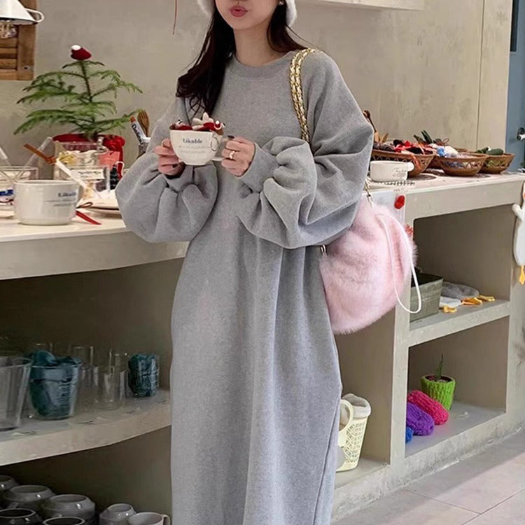 【ワンピース】春秋冬 ラウンドネック ルーズ カジュアル 裏起毛 長袖ワンピース