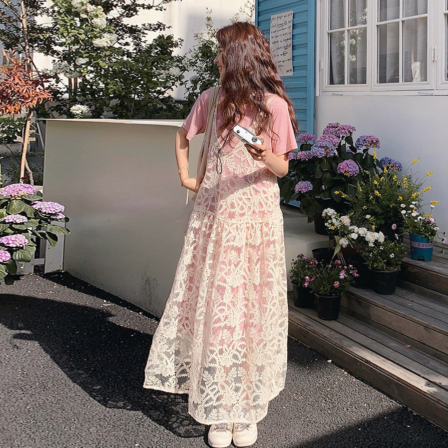 2点セット!【セットアップ】夏新作 シアーシャツ+Tシャツワンピース レイヤード風 ゆったり 体型カバー カジュアル きれいめ【SHシリーズ】