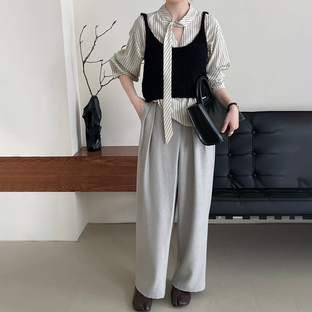 【トップス】韓国系上品デザイン ストライプ柄ボウタイシャツ 長袖シャツ【JZシリーズ】