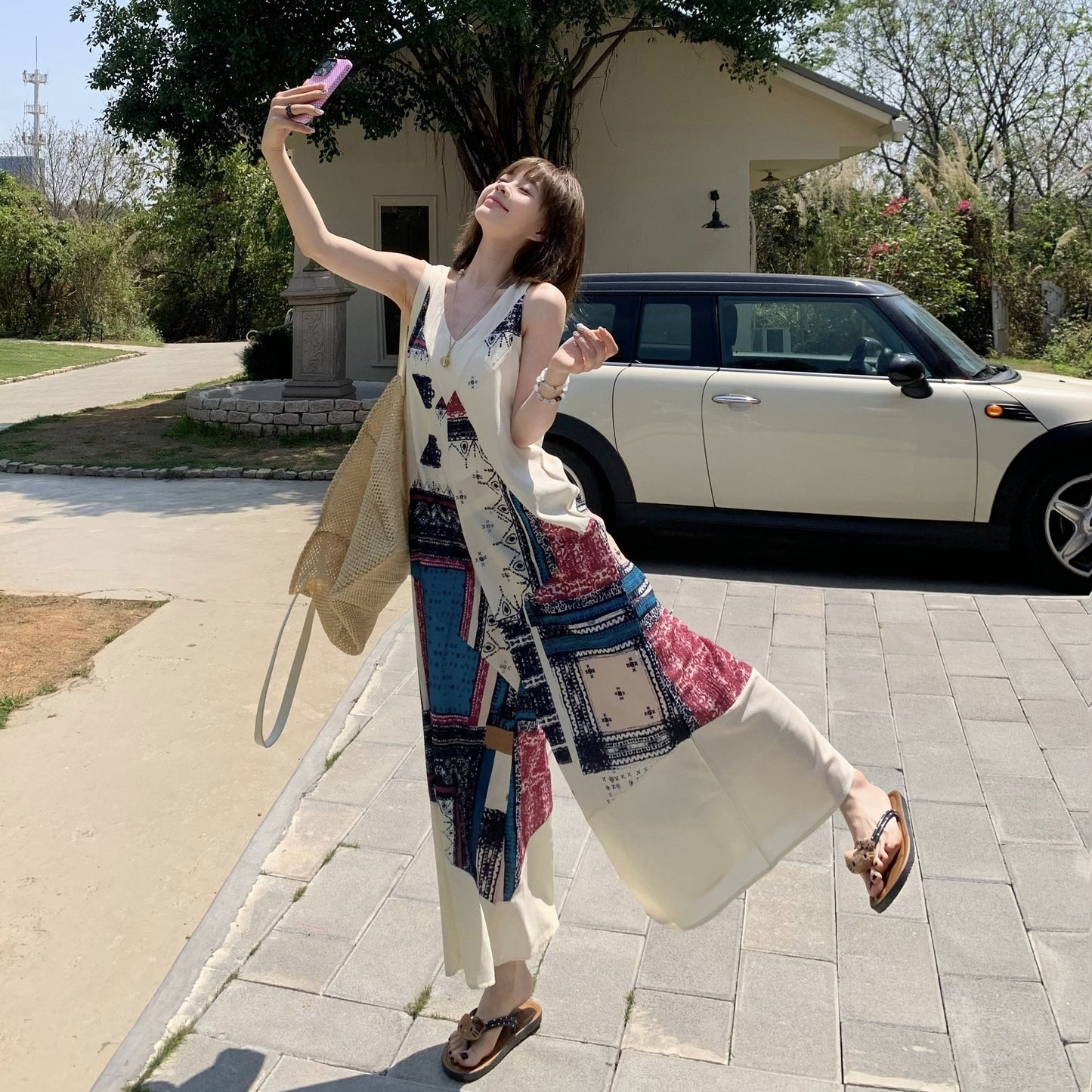 【ボトムス】ヴィンテージプリント デザインVネック アイランドスタイル ノースリーブキャミオールインワン【SHシリーズ】